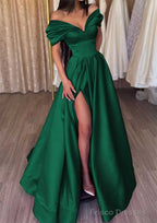 A-line Off-the-Shoulder Short Sleeve Satin Long/Floor-Length Prom Dresses With Ruffles Split