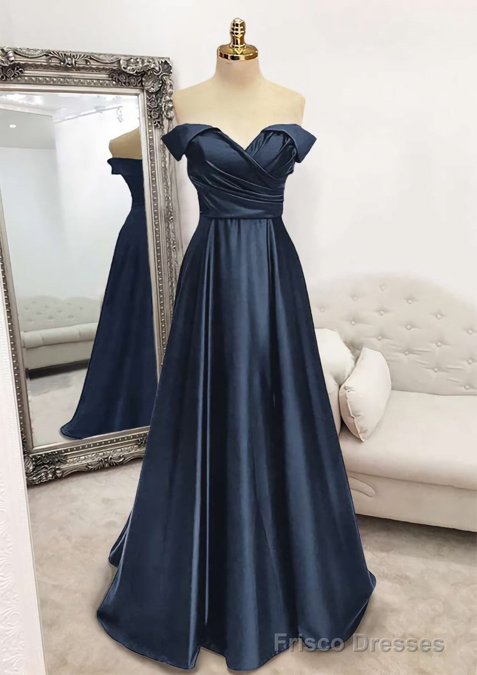 A-line Off-the-Shoulder Sleeveless Long/Floor-Length Satin Prom Dresses With Pleated Main image