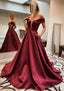 A-line Off-the-Shoulder Sleeveless Satin Sweep Train Prom Dresses With Pockets