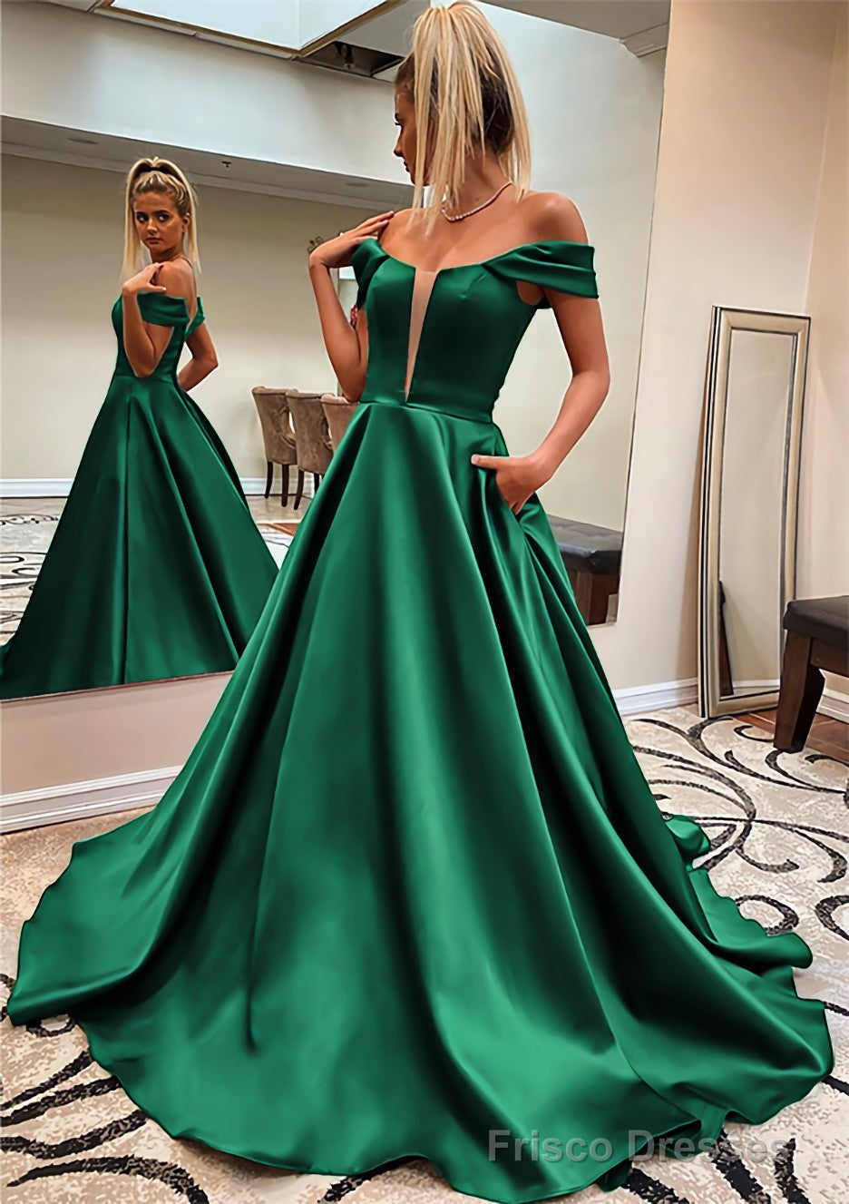 A-line Off-the-Shoulder Sleeveless Satin Sweep Train Prom Dresses With Pockets