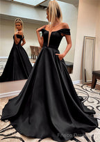 A-line Off-the-Shoulder Sleeveless Satin Sweep Train Prom Dresses With Pockets
