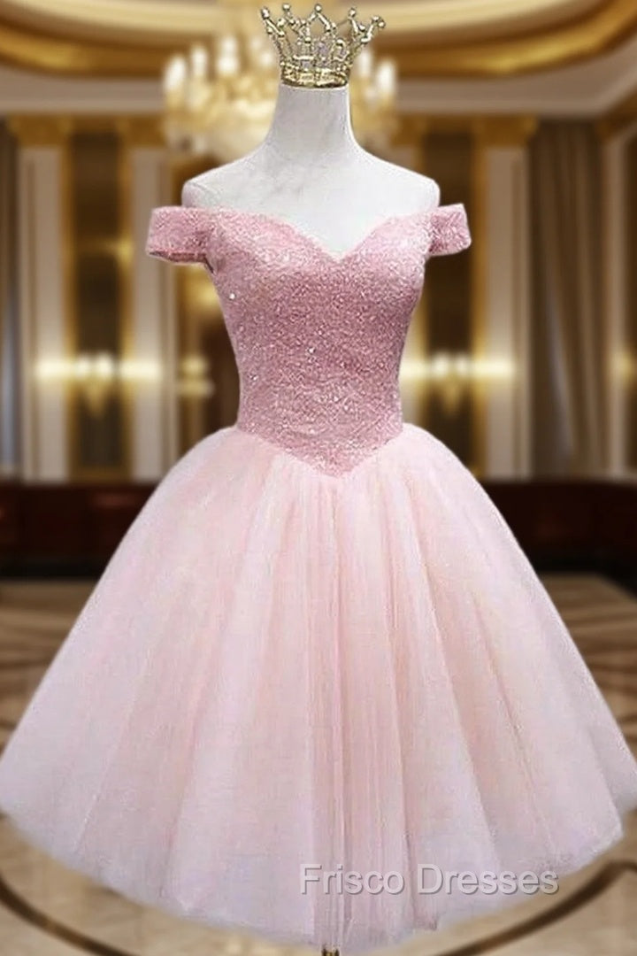 A-line Off-the-Shoulder Sleeveless Tulle Short/Mini Homecoming Dress With Sequins Beading Main image