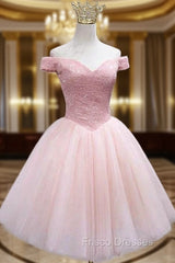 A-line Off-the-Shoulder Sleeveless Tulle Short/Mini Homecoming Dress With Sequins Beading