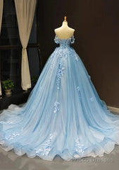 A-Line Off-The-Shoulder Sweetheart Sweep Train Tulle Prom Dress, Sky Blue Applique Wedding Dress