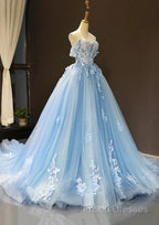 A-Line Off-The-Shoulder Sweetheart Sweep Train Tulle Formal Prom Dress, Sky Blue Applique Wedding Dress