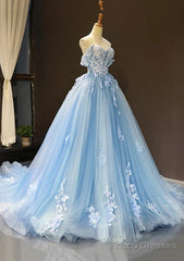 A-Line Off-The-Shoulder Sweetheart Sweep Train Tulle Prom Dress, Sky Blue Applique Wedding Dress