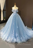 A-Line Off-The-Shoulder Sweetheart Sweep Train Tulle Formal Prom Dress, Sky Blue Applique Wedding Dress
