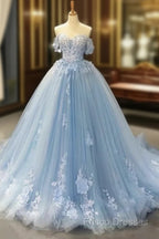 A-Line Off-The-Shoulder Sweetheart Sweep Train Tulle Formal Prom Dress, Sky Blue Applique Wedding Dress