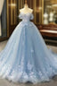 A-Line Off-The-Shoulder Sweetheart Sweep Train Tulle Formal Prom Dress, Sky Blue Applique Wedding Dress