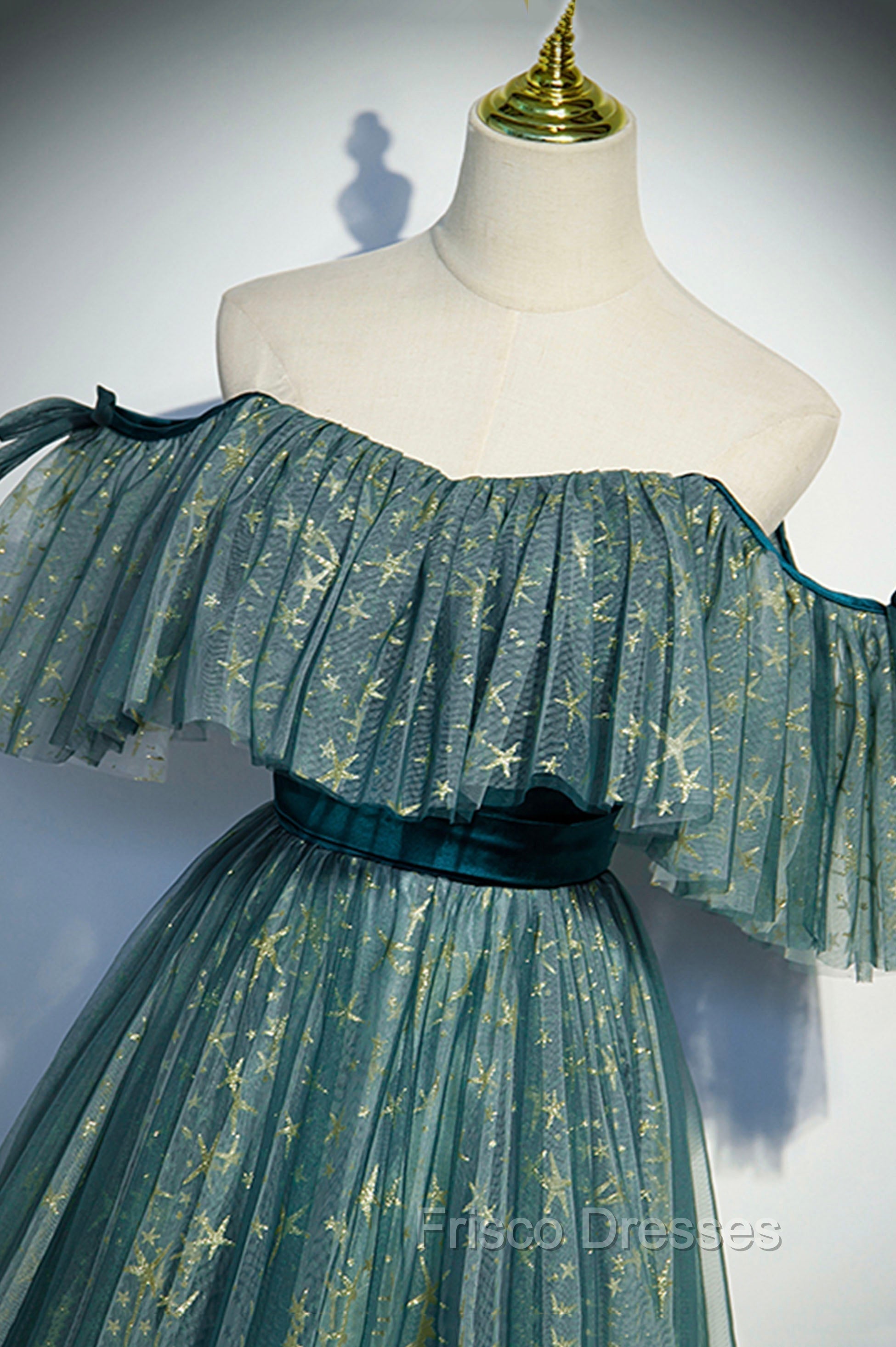 A-Line Off the Shoulder Tulle Long Formal Prom Dress, Green Evening Party Dress