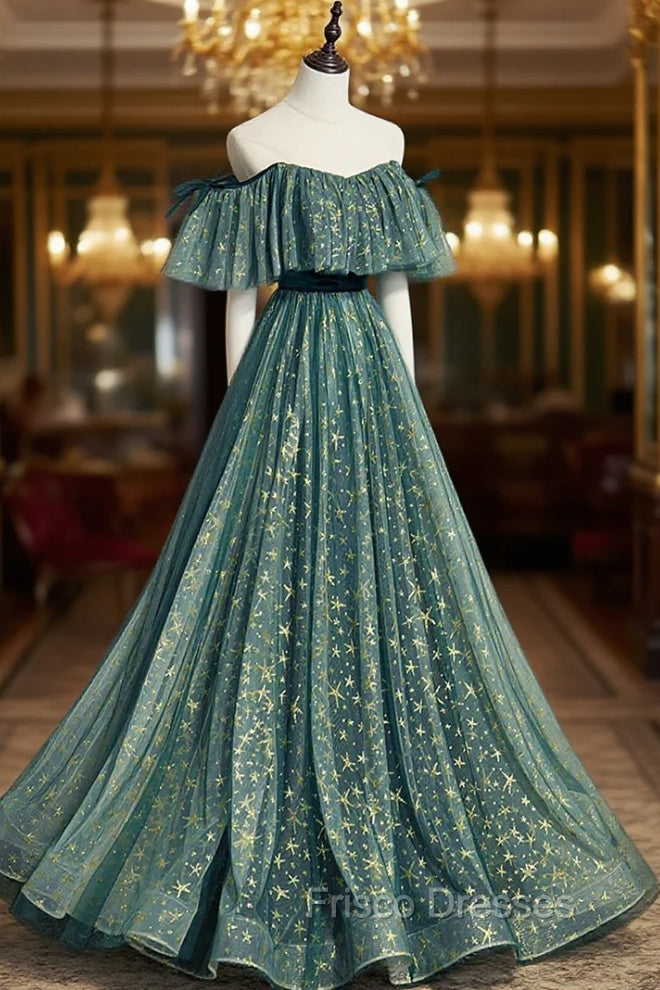 A-Line Off the Shoulder Tulle Long Formal Prom Dress, Green Evening Party Dress