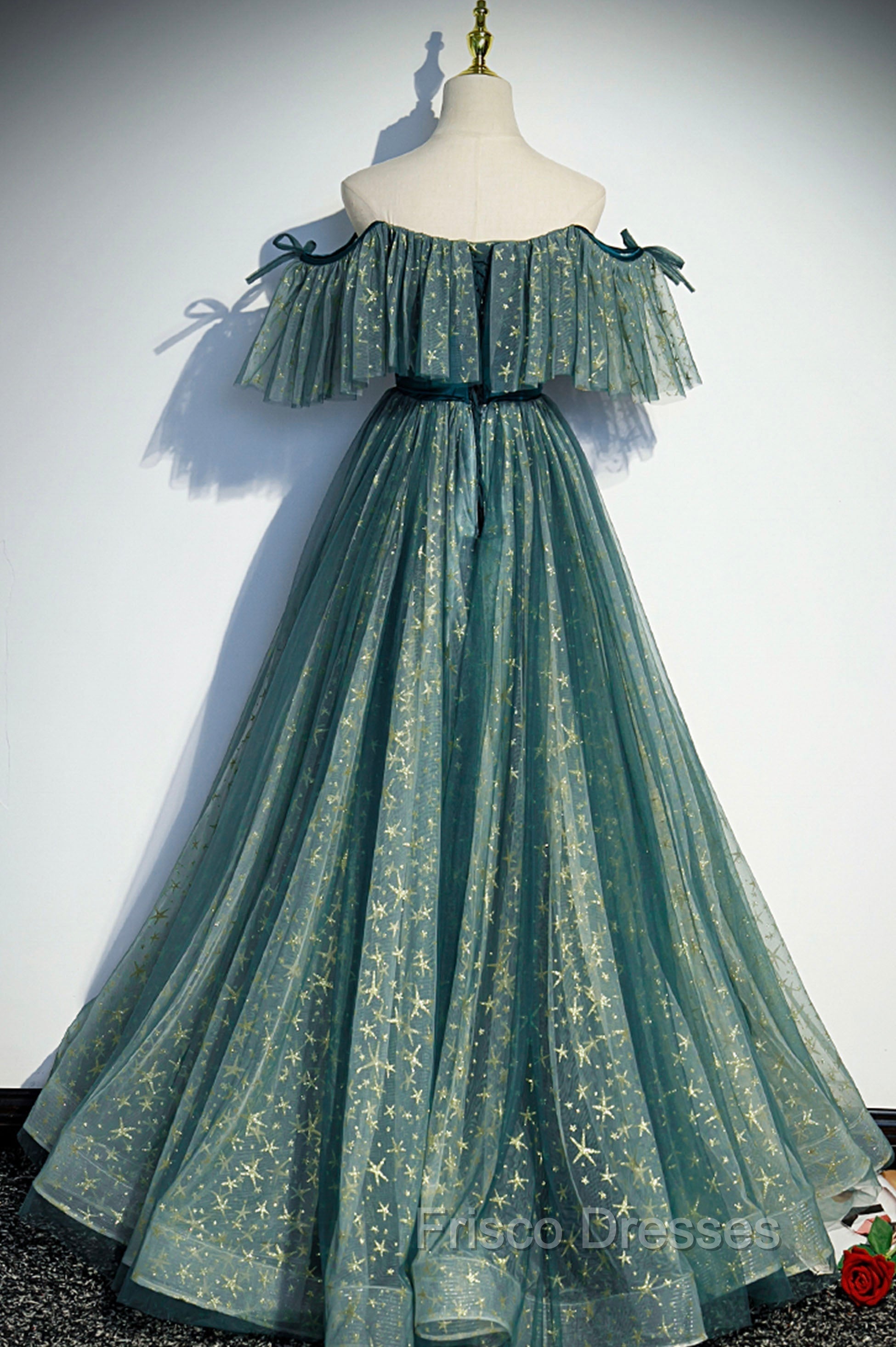 A-Line Off the Shoulder Tulle Long Formal Prom Dress, Green Evening Party Dress