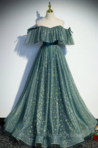 A-Line Off the Shoulder Tulle Long Formal Prom Dress, Green Evening Party Dress