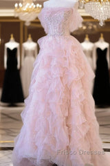 A Line Off The Shoulder Tulle Pink Tiered Formal Prom Dress Evening Dress
