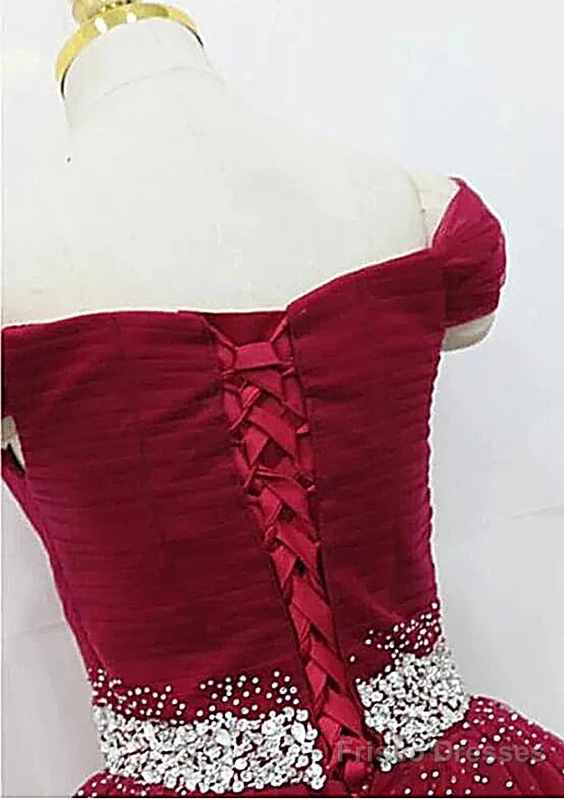 A Line Off The Shoulder Tulle Purple Prom Dresses With Beaded