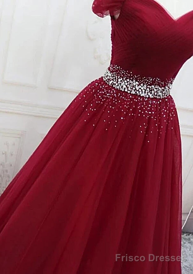 A Line Off The Shoulder Tulle Purple Prom Dresses With Beaded