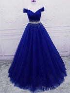 A Line Off The Shoulder Tulle Purple Prom Dresses With Beaded