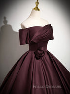 A-Line Off the Shoulders Satin Maroon Long Formal Prom Dress, Maroon Long Formal Dress