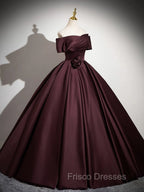 A-Line Off the Shoulders Satin Maroon Long Formal Prom Dress, Maroon Long Formal Dress