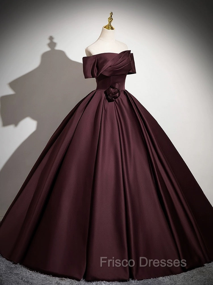 A-Line Off the Shoulders Satin Maroon Long Formal Prom Dress, Maroon Long Formal Dress