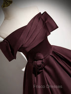 A-Line Off the Shoulders Satin Maroon Long Formal Prom Dress, Maroon Long Formal Dress