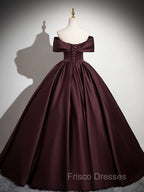 A-Line Off the Shoulders Satin Maroon Long Formal Prom Dress, Maroon Long Formal Dress