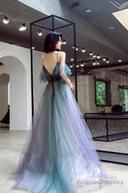 A-Line Ombre Tulle Long Prom Dress, V-Neck Evening Dress