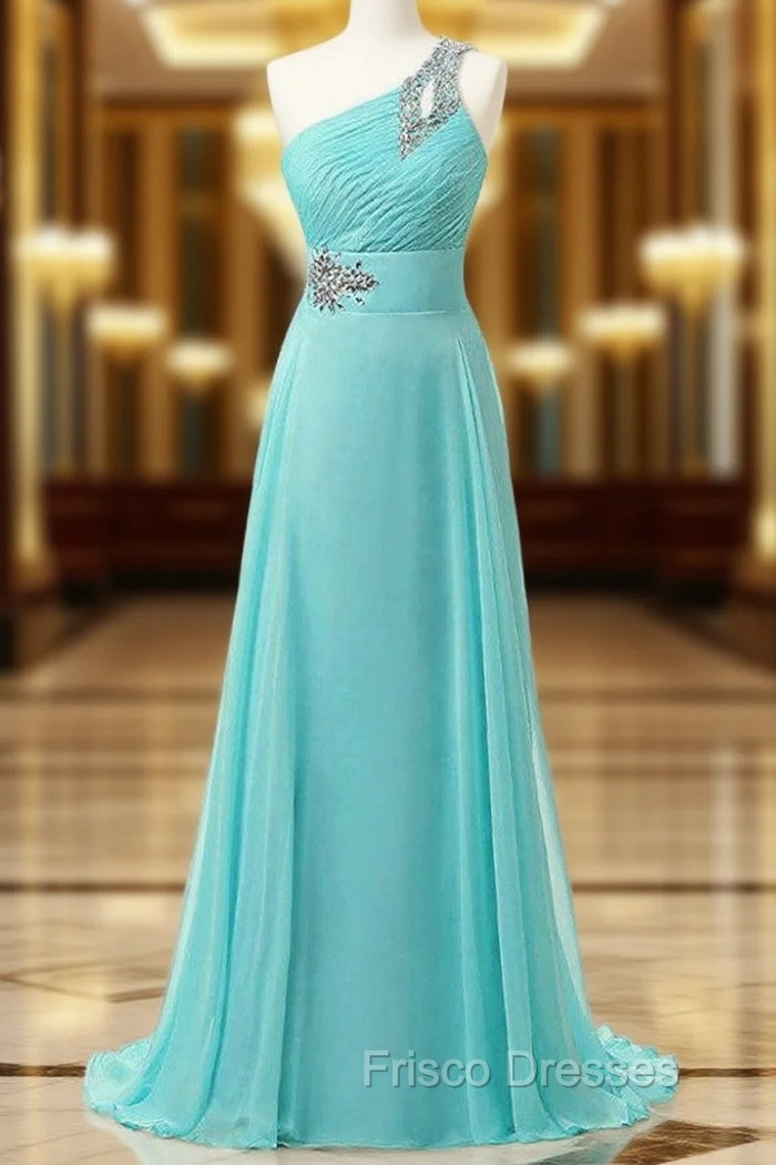 A-Line One Shoulder Chiffon Pleats Crystal Bridesmaid Dress