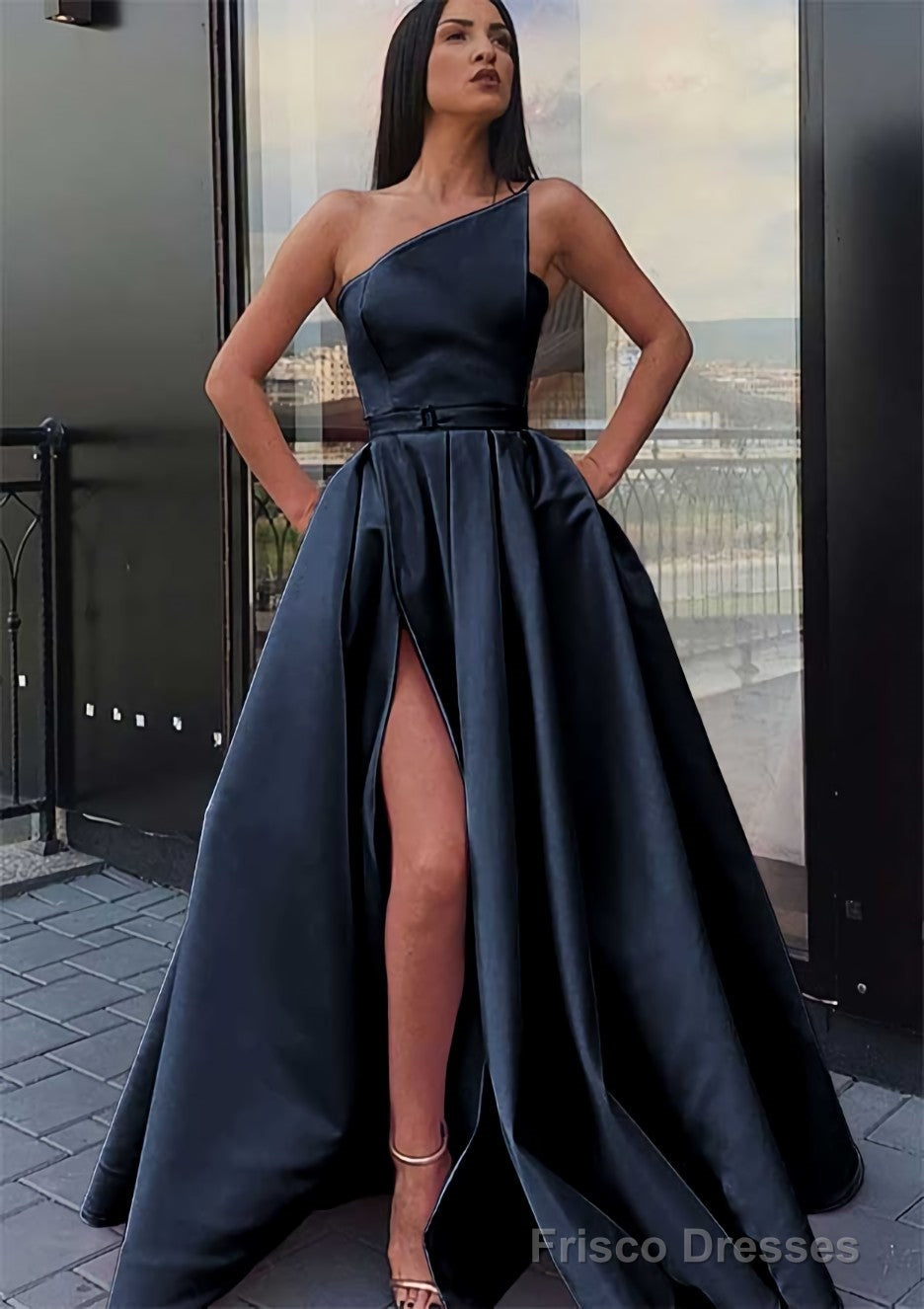 A-line One-Shoulder Long/Floor-Length Satin Prom Dresses With Pockets Waistband Split Secondary image