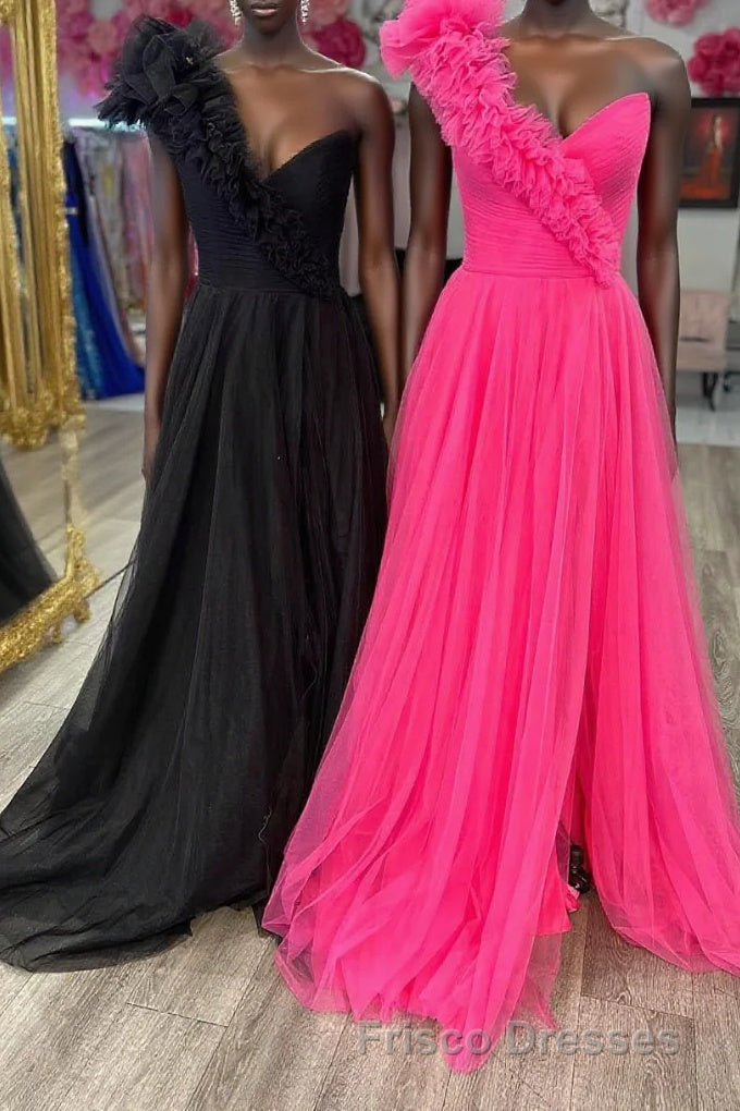 A-Line One Shoulder Long Tulle Formal Prom Dress with Ruffles Main image