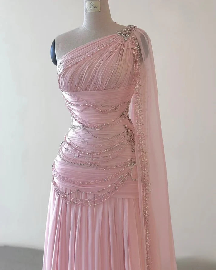 A Line One Shoulder Pink Chiffon Evening Gown Prom Dresses (For Sue Nardi)