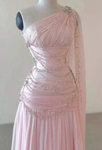 A Line One Shoulder Pink Chiffon Evening Gown Prom Dresses (For Sue Nardi)