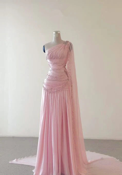 A Line One Shoulder Pink Chiffon Evening Gown Prom Dresses (For Sue Nardi)