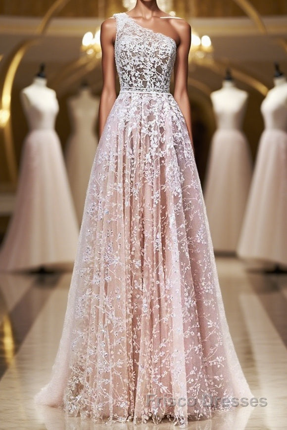 A Line One Shoulder Pink Lace Long Formal Prom Dresses, Pink Lace Formal Dresses, Pink Evening Dresses
