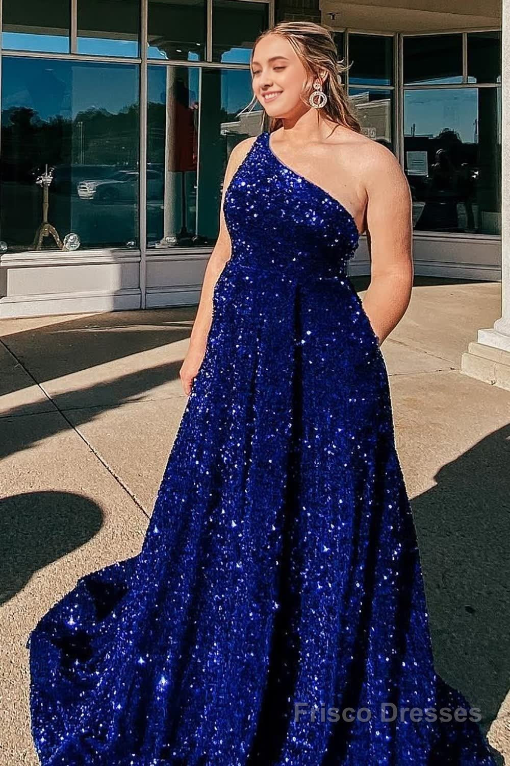 A Line One Shoulder Royal Blue Sequins Long Prom Dress Main image