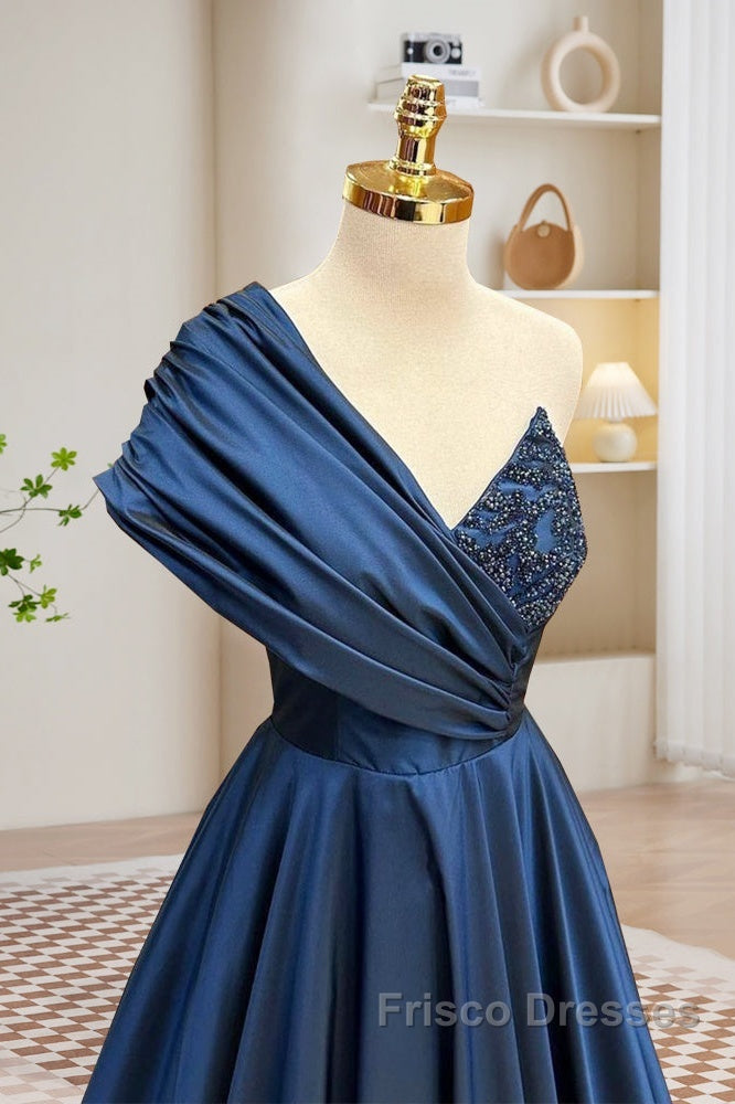 A-Line One Shoulder Satin Beads Dark Blue Long Formal Prom Dress, Blue Long Evening Dress