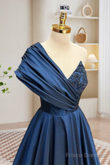 A-Line One Shoulder Satin Beads Dark Blue Long Prom Dress, Blue Long Evening Dress