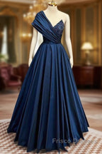 A-Line One Shoulder Satin Beads Dark Blue Long Formal Prom Dress, Blue Long Evening Dress