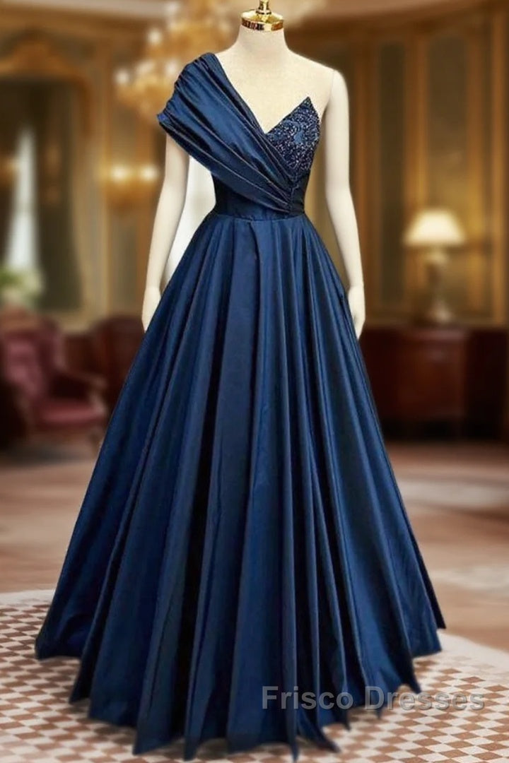 A-Line One Shoulder Satin Beads Dark Blue Long Formal Prom Dress, Blue Long Evening Dress