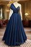 A-Line One Shoulder Satin Beads Dark Blue Long Formal Prom Dress, Blue Long Evening Dress