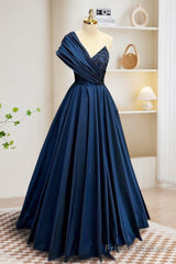 A-Line One Shoulder Satin Beads Dark Blue Long Prom Dress, Blue Long Evening Dress