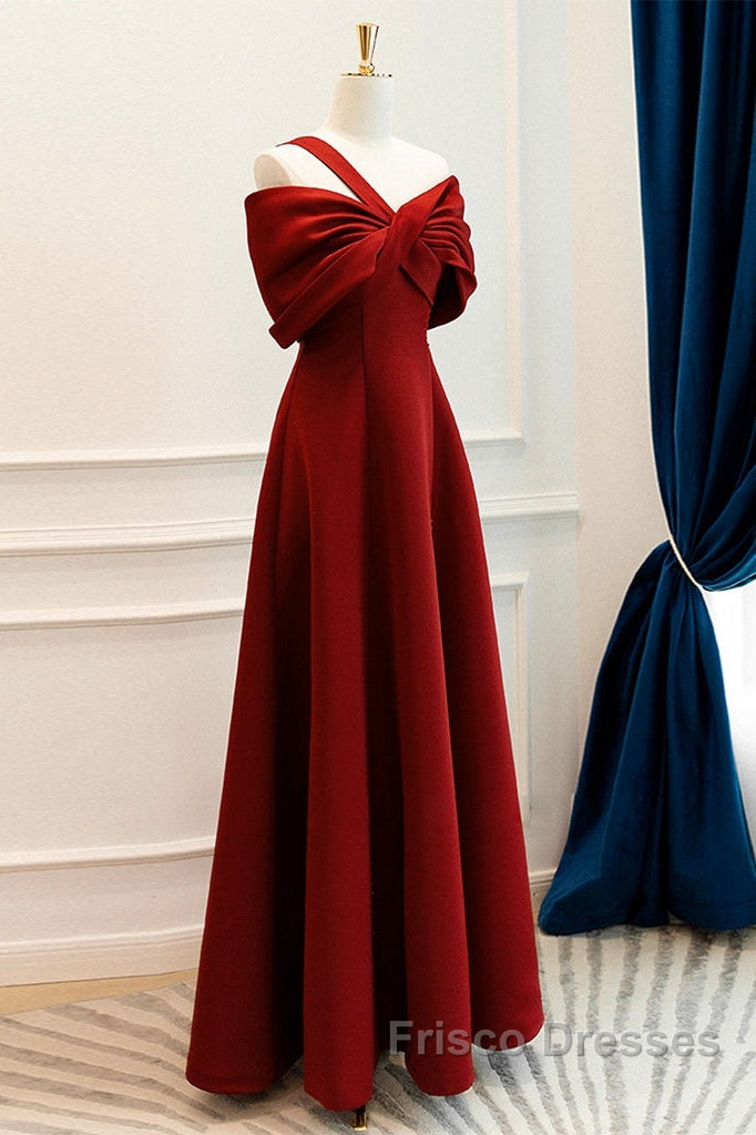 A-Line One Shoulder Satin Burgundy Long Formal Prom Dress, Burgundy Long Formal Dress