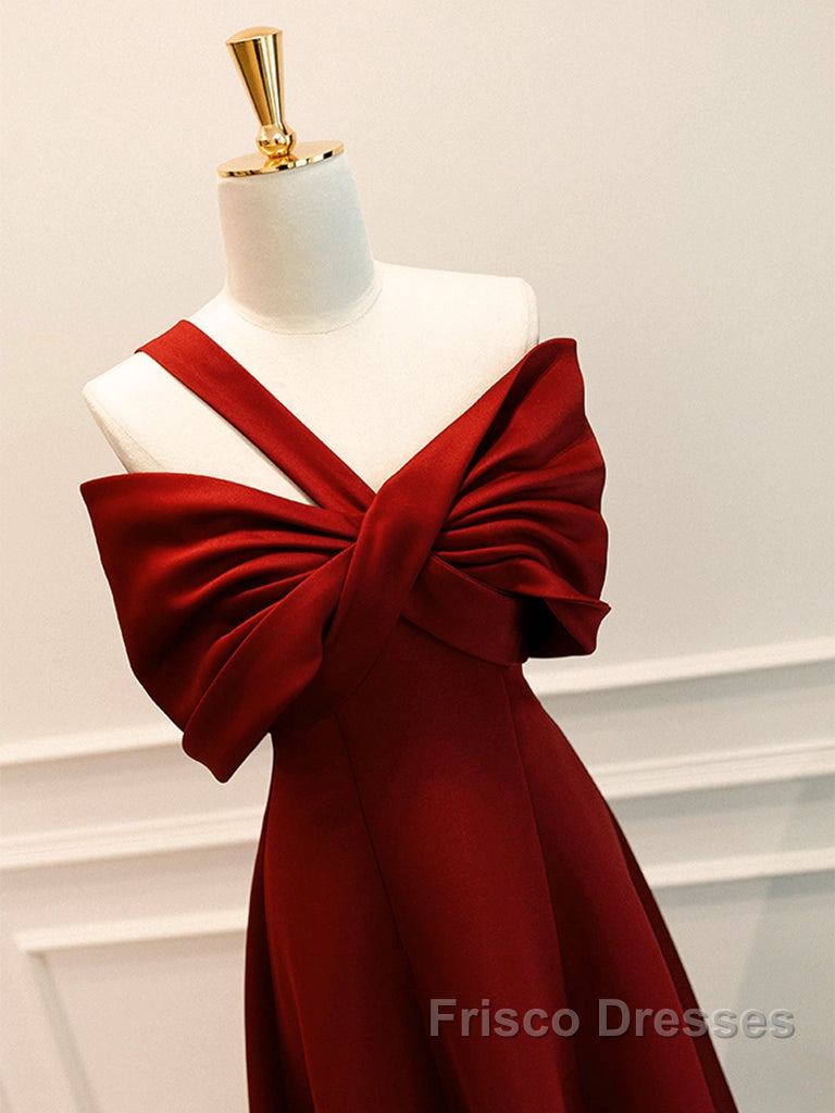 A-Line One Shoulder Satin Burgundy Long Formal Prom Dress, Burgundy Long Formal Dress