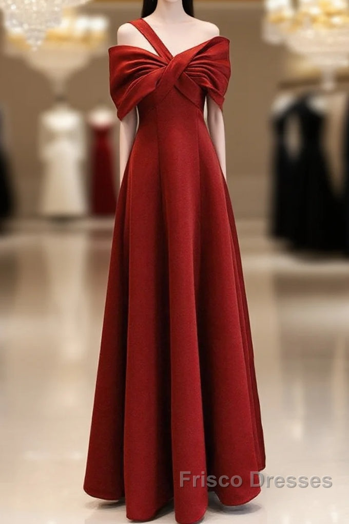 A-Line One Shoulder Satin Burgundy Long Formal Prom Dress, Burgundy Long Formal Dress Main image