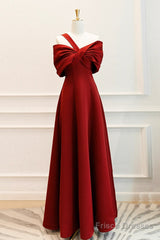 A-Line One Shoulder Satin Burgundy Long Prom Dress, Burgundy Long Formal Dress