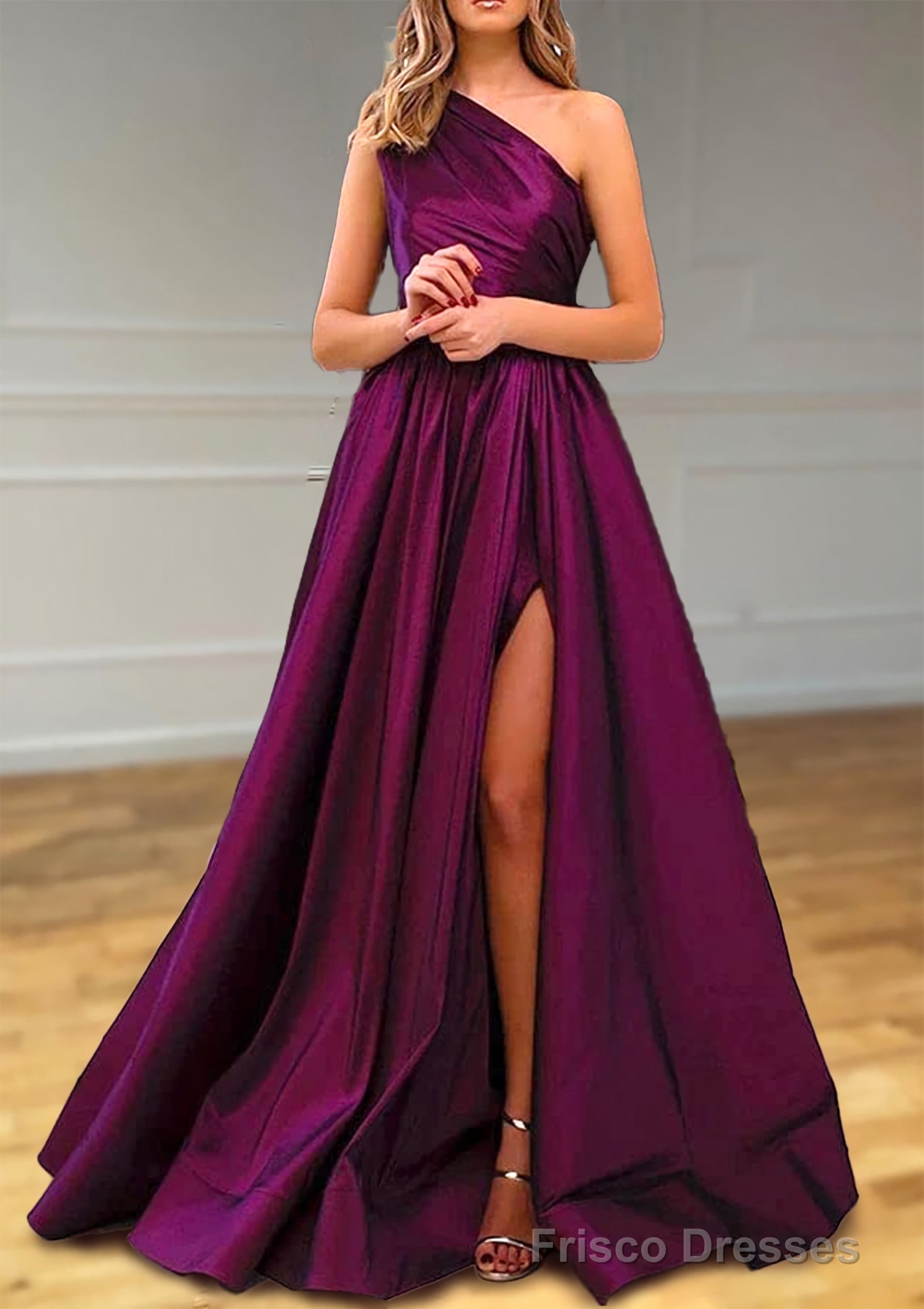 A-line One-Shoulder Satin Prom Dresses With Pleated Split Main image