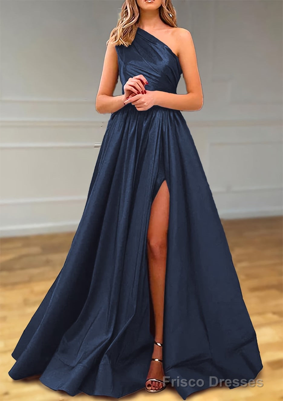 A-line One-Shoulder Satin Prom Dresses With Pleated Split Secondary image