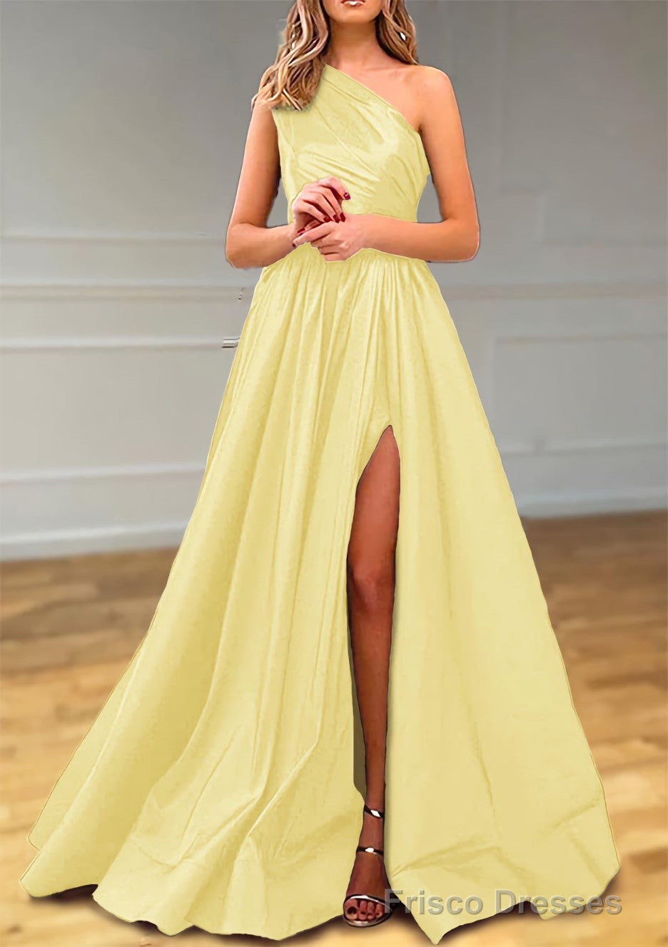 A-line One-Shoulder Satin Prom Dresses With Pleated Split