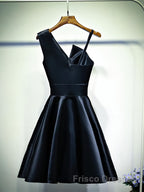 A Line One Shoulder Short Black Formal Prom Dresses, Short Black One Shoulder Formal Graduation Dresses