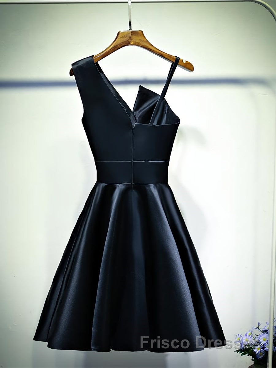 A Line One Shoulder Short Black Formal Prom Dresses, Short Black One Shoulder Formal Graduation Dresses